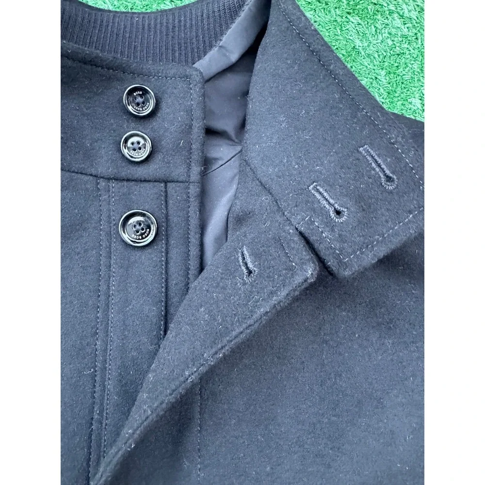 Hugo Boss Mens Black Wool Blend Stand Collar Car Coat Jacket Made in Ukraine
